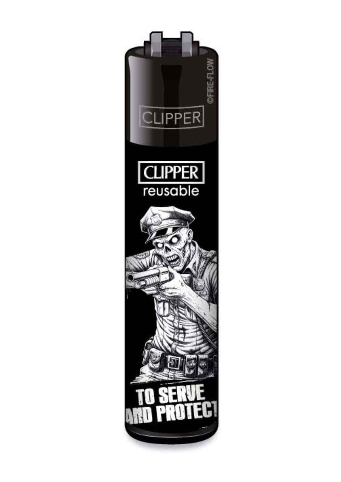 Schwarzes clipper feuerzeug mit nachfüllfunktion und gothischem schwarz-weiß zombie polizisten horror design